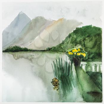 view of Schliersee lake in Bavarian Alps in summer morning hand painted by watercolour paints on white textured paper