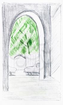 sketch of view of urban yard through passage in city in summer hand-drawn by color pencils on white paper