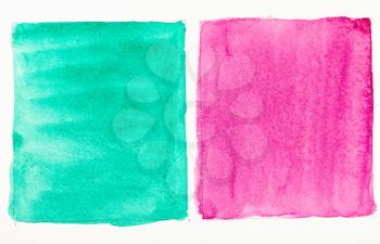 training drawing of pair of colored squares hand painted by watercolour paints on white textured paper