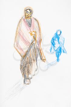 sketch of walking muslim woman in shawl hand-drawn by color pencils on white paper