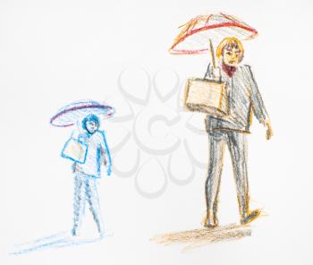 sketch of woman in business trouser suit with briefcase and under umbrella hand-drawn by color pencils on white paper