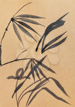 training brushstroke of bamboo twigs, leaves, grass in sumi-e (suibokuga) style on brown kraft paper