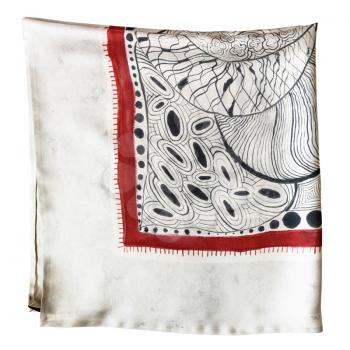 folded gray silk scarf with hand-drawn abstract picture isolated on white background
