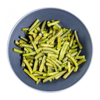 top view of portion of boiled green beans in gray bowl isolated on white background