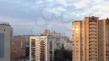 above view of residential district at sunrise in Moscow city in winter morning