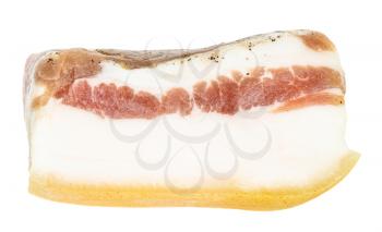 slice of barrel salted Salo (pork fatback) with meat layer isolated on white background