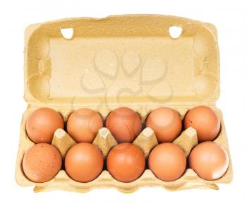 ten brown chicken eggs in yellow cardboard container isolated on white background