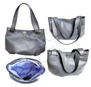 set of handcrafted soft gray leather handbag with blue dotted lining isolated on white background