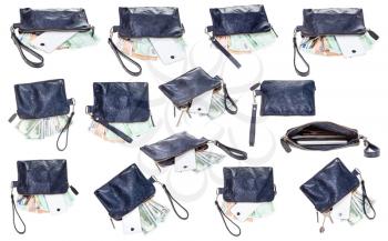 set of small blue leather wristlet pouch bag with contents isolated on white background