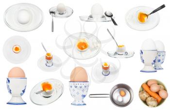 collage from various boiled eggs isolated on white background