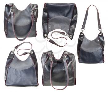 set of handcrafted gray leather handbag with big pocket and red edges isolated on white background