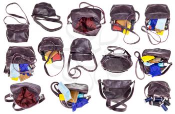 set of hand-crafted woman's leather bag with contents isolated on white background