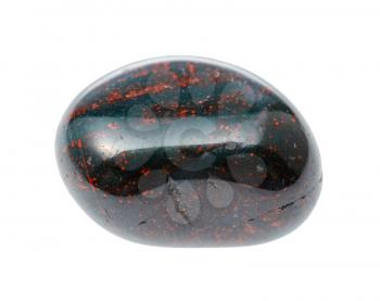 macro photography of sample of natural mineral from geological collection - rolled Heliotrope (Bloodstone) gemstone isolated on white background