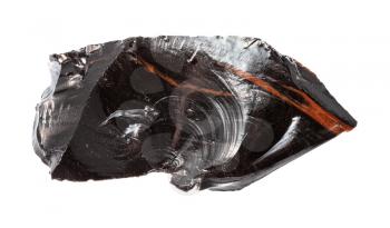 macro photography of sample of natural mineral from geological collection - raw mahogany Obsidian (volcanic glass) isolated on white background