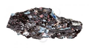 macro photography of sample of natural mineral from geological collection - raw Biotite rock with Kyanite crystals isolated on white background