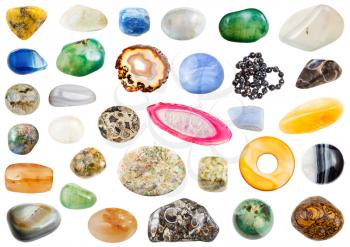 set of various agate natural mineral gem stones isolated on white background