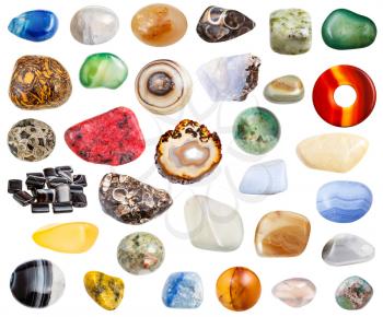 collage from various agate natural mineral gem stones isolated on white background