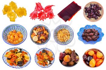 collection of various sweet dried fruits isolated on white background