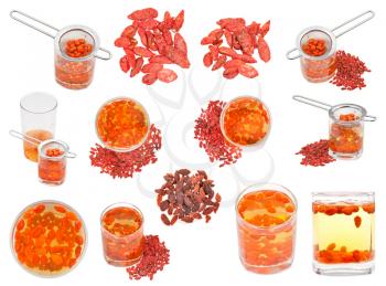 collection of dried goji berries and tincture of them isolated on white background