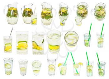 set of lemonade and cocktail with sliced lemon and lime fruits isolated on white background