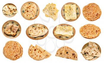 set of various naan (Indian flatbread) isolated on white background