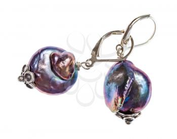 handmade earrings from natural blue iridescent baroque pearls isolated on white background