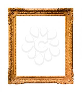 vertical old baroque wooden picture frame with cutout canvas isolated on white background
