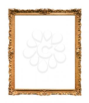 vertical narrow baroque wooden picture frame with cutout canvas isolated on white background