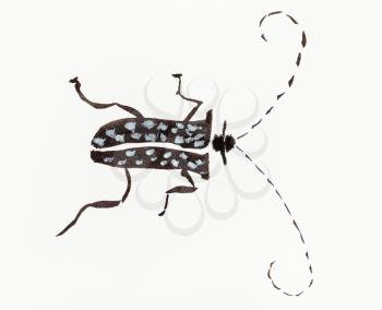 longhorn beetle hand-drawn by black watercolor and acrylic paint on creamy-white paper in sumi-e (suibokuga) style