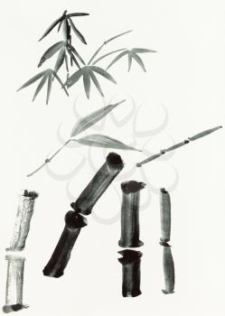 training drawing in sumi-e (suibokuga) style with watercolor paints - bamboo details are hand drawn on creamy paper