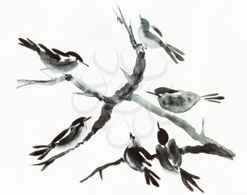 training drawing in sumi-e (suibokuga) style with watercolor paints - birds on tree are hand drawn on creamy paper