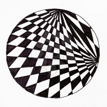 abstract hand drawn pattern on white paper by felt pen - black and white checkered ornament in circle