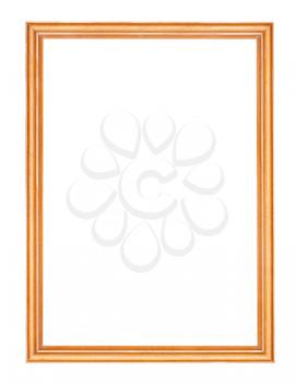 empty narrow lacquered wooden picture frame with cut out canvas isolated on white background