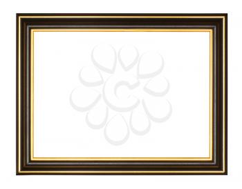 empty black and gold wooden picture frame with cut out canvas isolated on white background