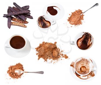 collage from carob pods, ground powder, drinks and sediments in cups isolated on white background