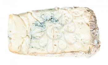 top view of piece of local italian Gorgonzola soft blue cheese isolated on white background
