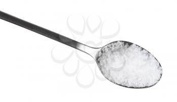 top view of steel teaspoon with coarse grained Sea Salt close up isolated on white background