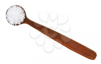 top view of wooden salt spoon with coarse grained Sea Salt isolated on white background