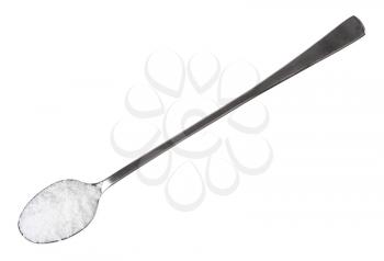 top view of teaspoon with grained Rock Salt isolated on white background