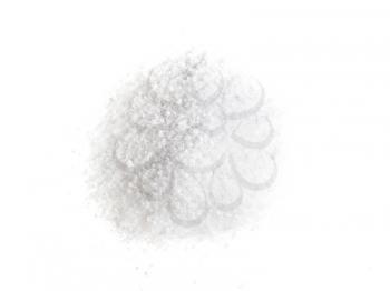 top view of handful of grained Rock Salt on white background