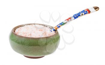 side view of ceramic salt cellar with spoon with pink Himalayan Salt isolated on white background
