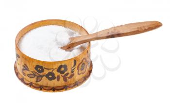 wooden salt cellar with spoon with fine ground Sea Salt isolated on white background