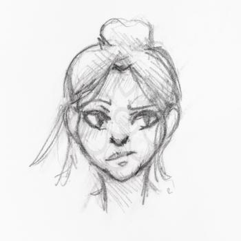 sketch of head of girl with skeptical face and bun hairstyle hand-drawn by black pencil on white paper