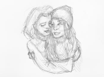 sketch of cuddled girl hand-drawn by black pencil on white paper