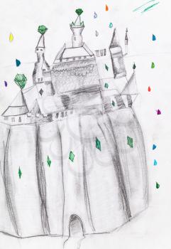 fairy castle on rock hand-drawn by pencils on white paper