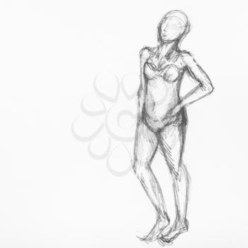 sketch of female figure in swimming suit hand-drawn by black pencil on white paper