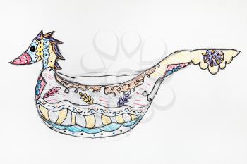 decorated ladle-bowl bratina shaped as scoop with seahorse head hand-drawn by pencil and felt pens on white paper
