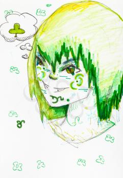 head of smiling boy with brown eyes and green hair decorated with abstract leaves hand-drawn by felt pens on white paper