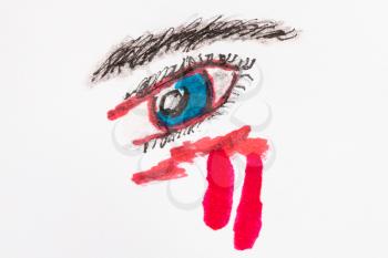 blue human eye with red tears close up hand-drawn by felt pens on white paper