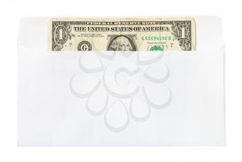 single united states one-dollar bill in open mail envelope isolated on white background